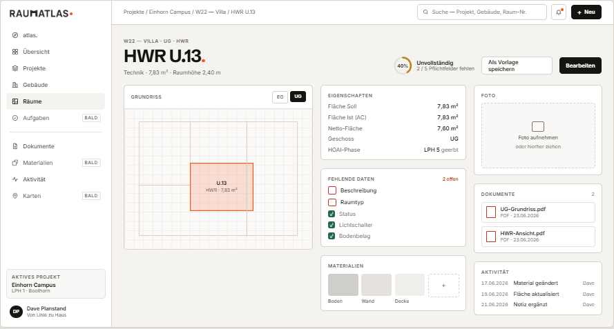 Raumdetail HWR U.13: Grundriss, Eigenschaften, fehlende Pflichtfelder, Materialien, Dokumente und Verlauf